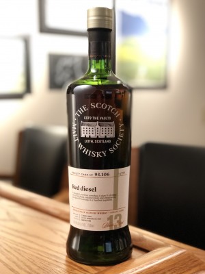 Glen Scotia SMWS 93.106 (13 year - March 2005) "Red diesel". After 12 years in an ex-bourbon hogshead, transferred to a 1st-fill Port hogshead - 58.6% ABV